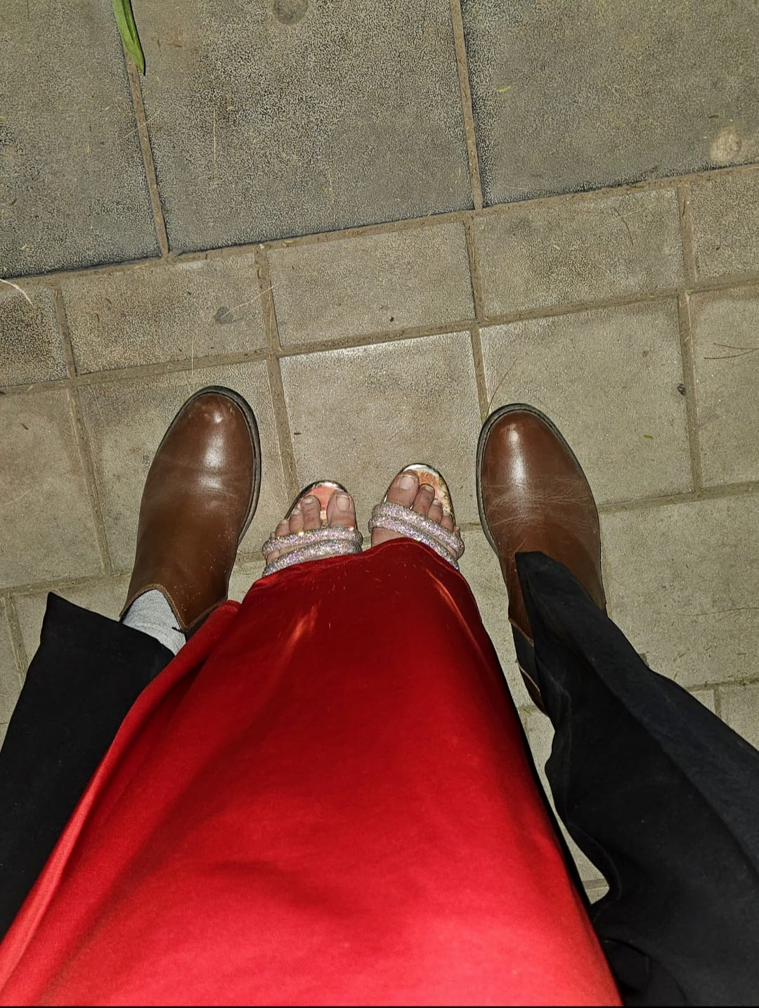 You in red. Me in black. Perfect down to the shoes.